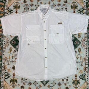 Columbia Mens L White Short Sleeve Button‎ Up Fishing Shirt